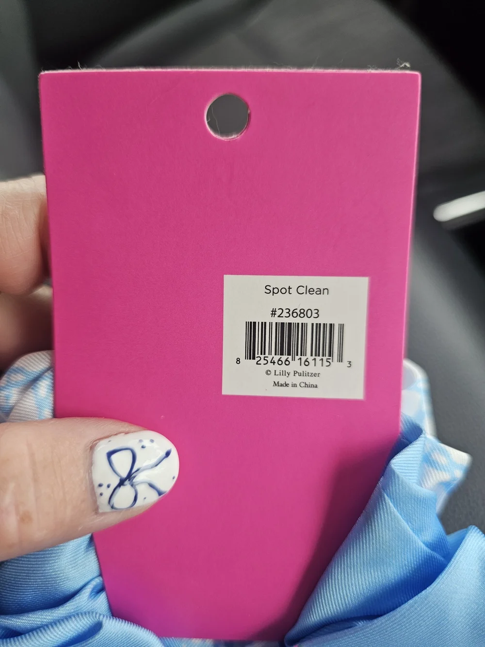 Lilly Pulitzer Blue and White Floral-Style Scrunchie with Pink Leaf Luggage Tag